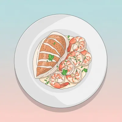 Crispy Skinned Chicken Breast with Creamy Garlic Prawns