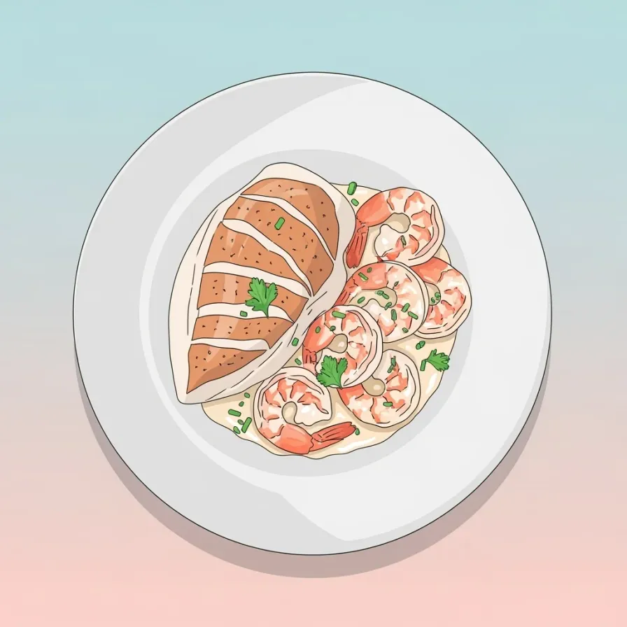 Crispy Skinned Chicken Breast with Creamy Garlic Prawns