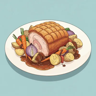 Crispy Skinned Pork Roast with Roasted Vegetables, Potatoes and Gravy